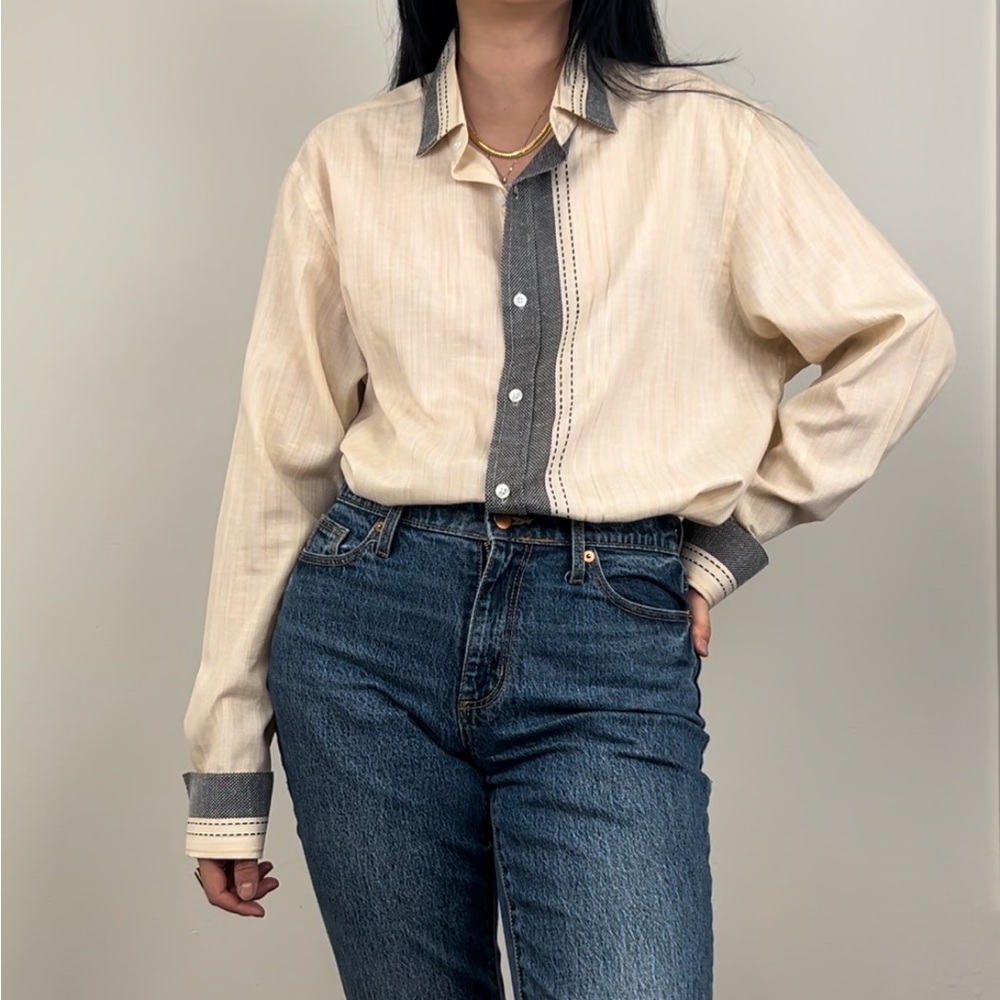 Vintage Beige Bohemian Button Down Shirt with Black/Grey Trim